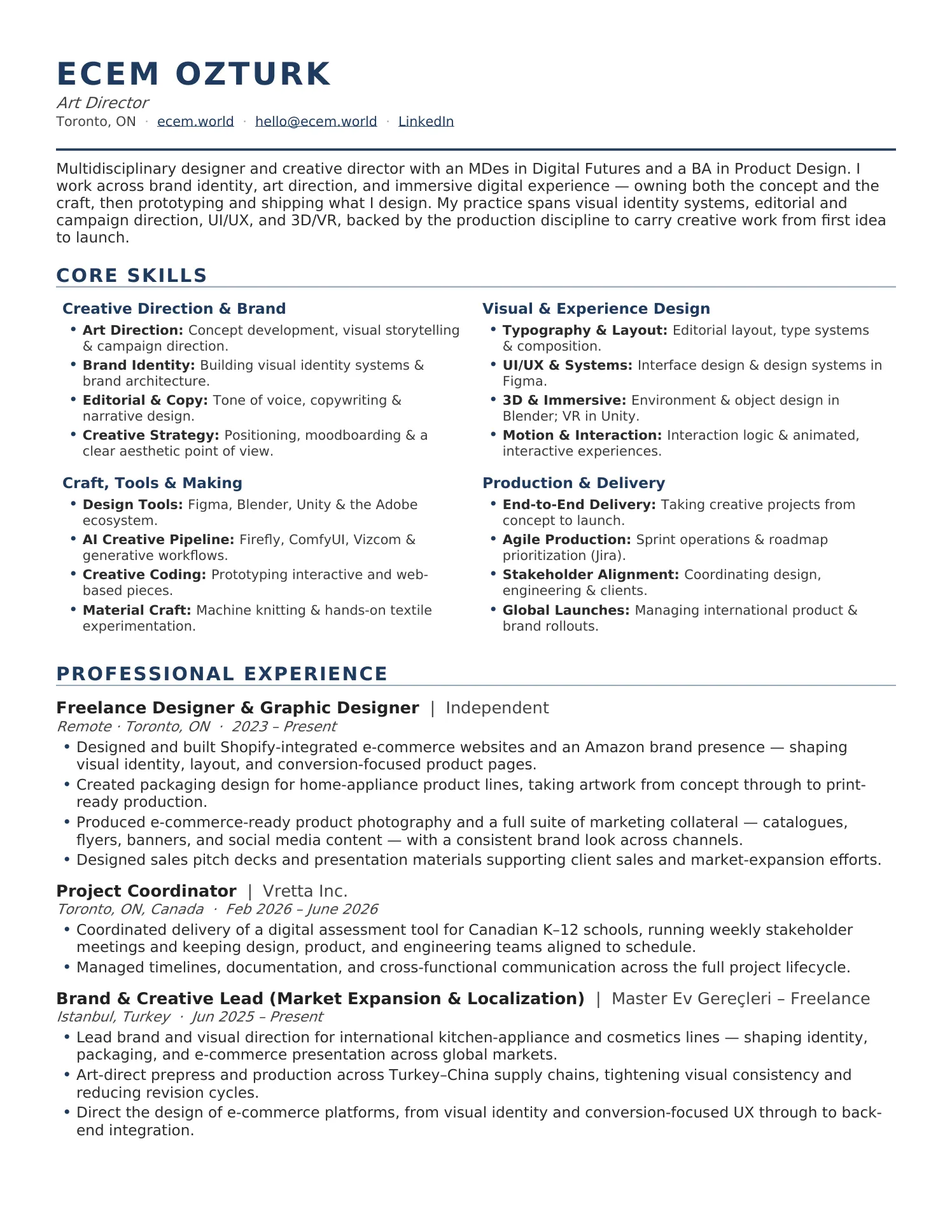 Ecem Ozturk, Art Director — curriculum vitae, page one: contact details, summary, core skills, and professional experience.