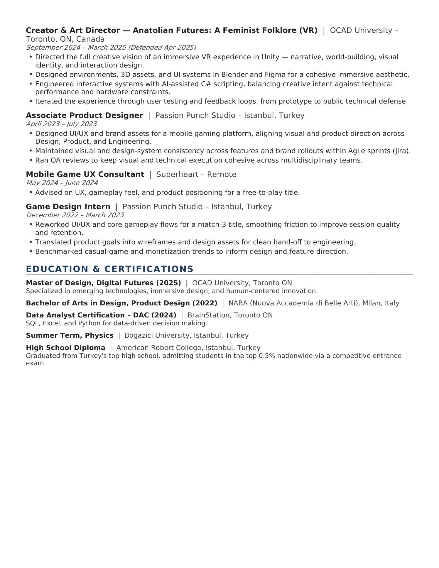 Curriculum vitae, page two: remaining professional experience, education and certifications.